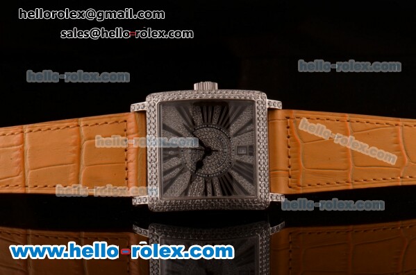 Franck Muller Master Square Swiss ETA 2824 Automatic Steel Case Diamond Bezel with Orange Leather Strap and Diamond Dial - Click Image to Close